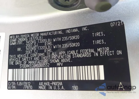 2021 Toyota Sienna Xse z USA, uszkodzony, nr VIN 5TDDRKEC6MS060552